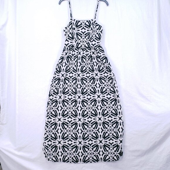 AUW Black White Floral Spaghetti Strap Maxi Dress Spanish Style Geometric L - Picture 1 of 15